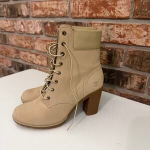 Timberland Glancy Size 10 Womens Heeled Boots Tan Lace Up Block Heel NEW Wheat